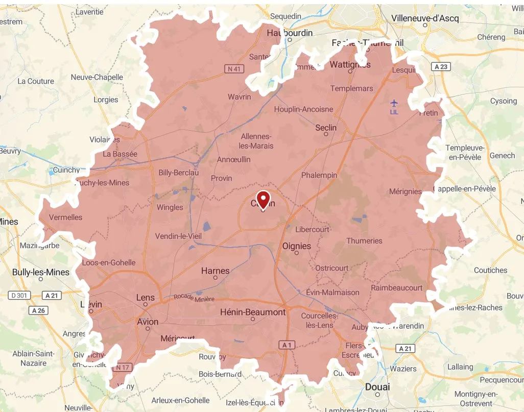 Carte montrant le rayon de déplacement de 20km